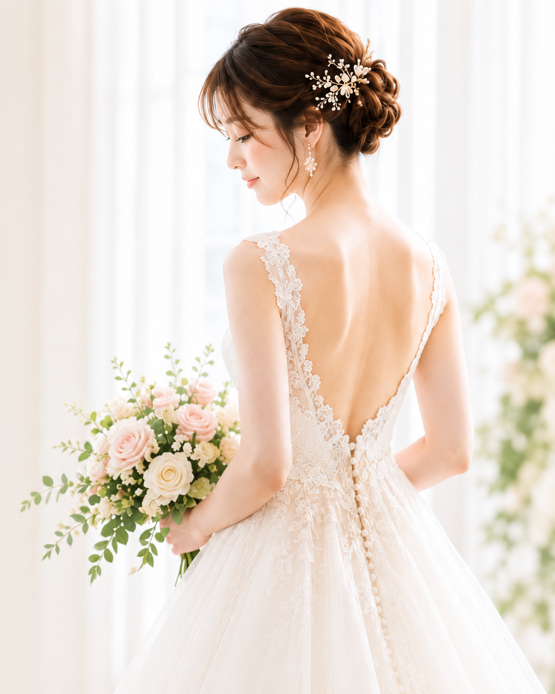 花束を手に、レースのウェディングドレスをまとった花嫁の後ろ姿